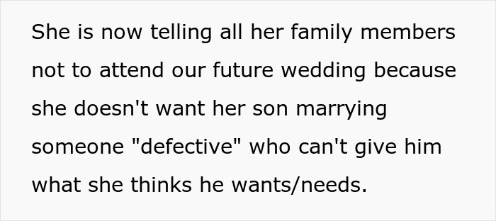 Future mother-in-law calls woman defective, trying to stop her son from marrying her and spreading rumors.