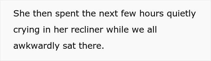 Text describing the MIL crying quietly in her recliner after the childfree wedding decision, causing a family feud. Text describing the MIL crying quietly in her recliner after the childfree wedding decision, causing a family feud.