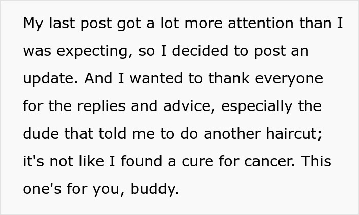 Screenshot of a Reddit post update expressing gratitude for advice that solves everything.