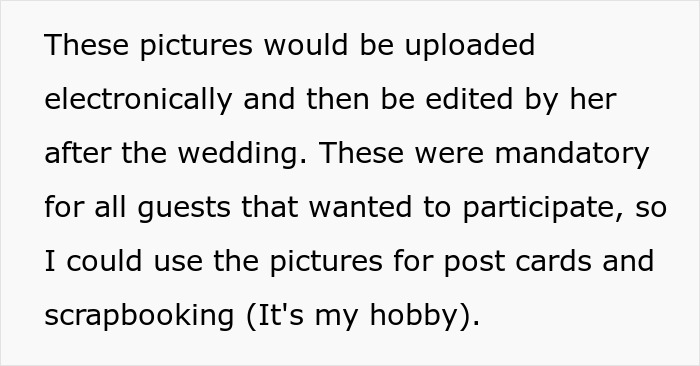 Text snippet discussing uploading and editing pictures after the wedding for postcards and scrapbooking due to the groom's fixation.