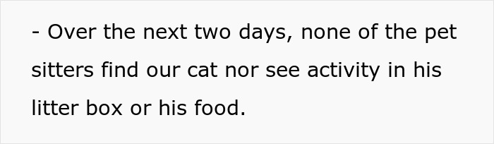 Over two days, pet sitters cannot find the lost cat, or any activity.