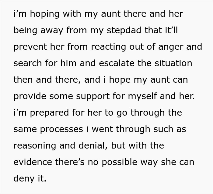 A screenshot of text about hoping an aunt can provide support regarding a step-dad and a spy camera in a room. A screenshot of text about hoping an aunt can provide support regarding a step-dad and a spy camera in a room.