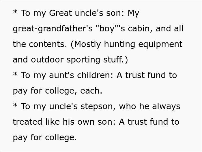 Text listing specific bequests from the great-grandma's will, further fueling the entitled in-law's fuming. Text listing specific bequests from the great-grandma's will, further fueling the entitled in-law's fuming.