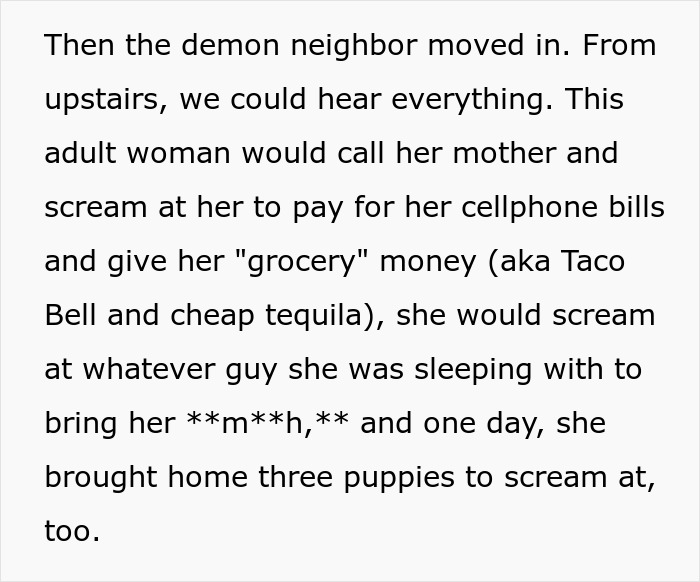 Screenshot of text detailing a demon neighbor's disruptive behavior, leading to an unusual way to deal with a nightmare neighbor.