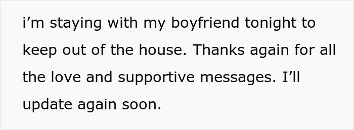 Text mentioning staying away from home after finding a spy camera in room from step dad. Text mentioning staying away from home after finding a spy camera in room from step dad.