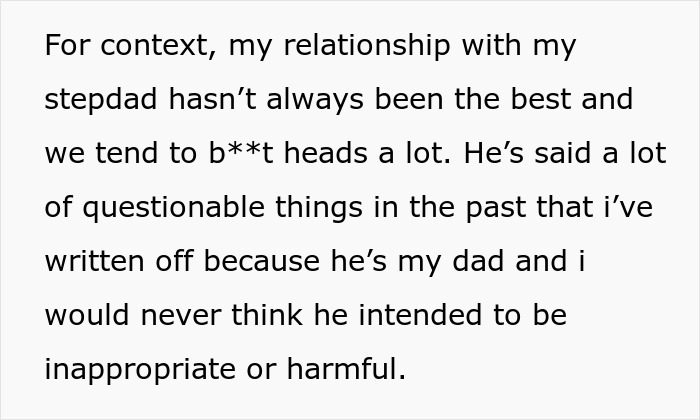Screenshot of text revealing a strained relationship with a step-dad, hinting at reasons for a spy camera in a room. Screenshot of text revealing a strained relationship with a step-dad, hinting at reasons for a spy camera in a room.