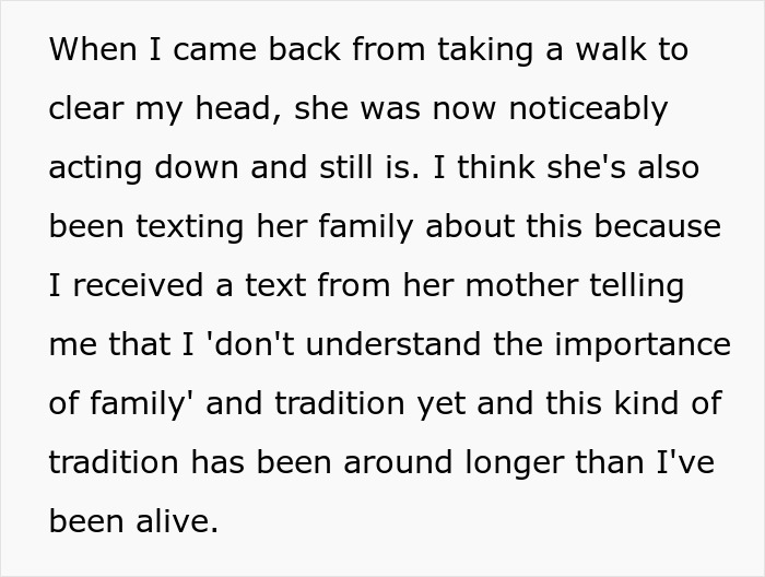 Text snippet: Groom receives text from mother, explaining family tradition regarding wedding night bed sheet and importance.