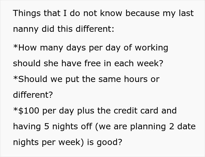 Text outlining questions about a nanny on family vacation, including pay, hours, and days off.