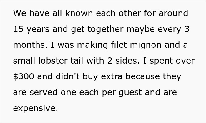 Screenshot of text detailing a man expecting a steak and lobster dinner for his GF. Screenshot of text detailing a man expecting a steak and lobster dinner for his GF.