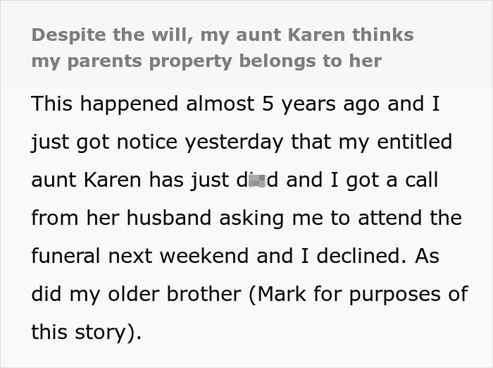 Screenshot of text about an entitled aunt, Karen, thinking she owns her late sister's home and job. Screenshot of text about an entitled aunt, Karen, thinking she owns her late sister's home and job.