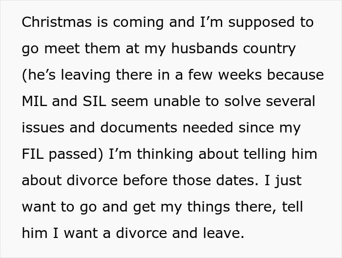 Text snippet: Christmas coming, meet husband's country, MIL and SIL issues, considering divorce, third wheel problem. Text snippet: Christmas coming, meet husband's country, MIL and SIL issues, considering divorce, third wheel problem.