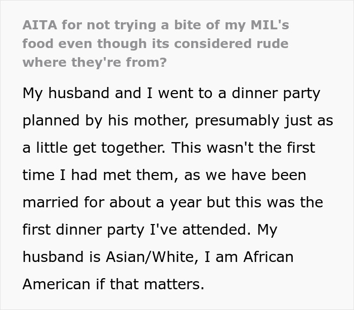 Screenshot of text about a woman who refuses to eat her MIL's cooking at a dinner party.