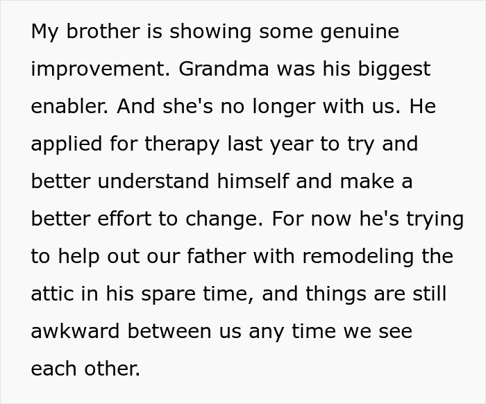 A screenshot showing text about an entitled man making improvements and trying therapy.