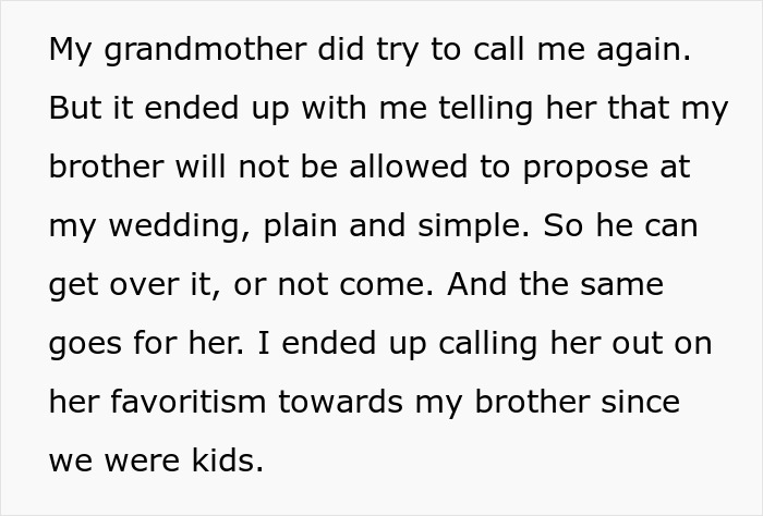 Text explaining an entitled man will not be allowed to propose at the wedding.