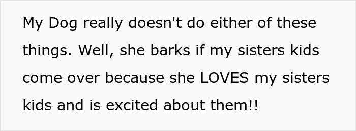 Text snippet clarifying the service dog's behavior, especially around the anxious sibling's family.