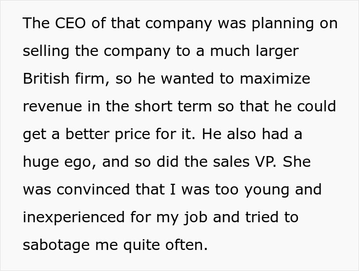 Screenshot of text explaining a CEO planning to sell a company and maximizing revenue, related to bosses fraud. Screenshot of text explaining a CEO planning to sell a company and maximizing revenue, related to bosses fraud.