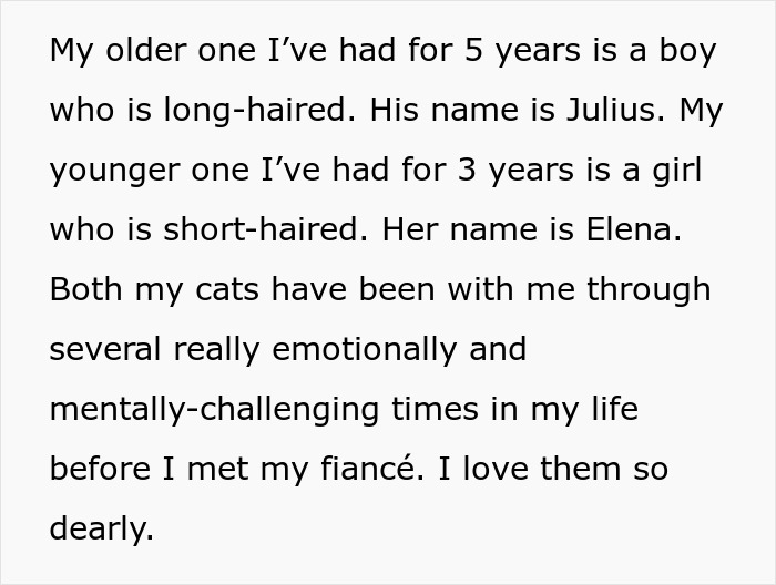 Screenshot of text about a bride-to-be and her cat, a long-haired boy Julius, and a short-haired girl Elena, questioning her engagement. Screenshot of text about a bride-to-be and her cat, a long-haired boy Julius, and a short-haired girl Elena, questioning her engagement.