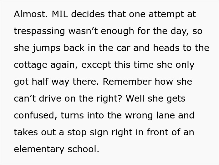 Groom's mom attempts to trespass again, crashes into a stop sign near an elementary school after getting banned from wedding.