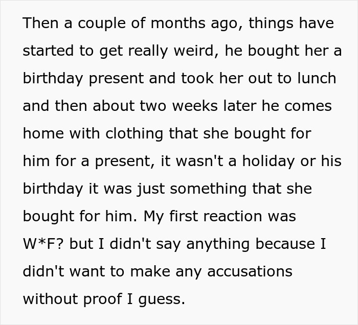 Further text detailing a guy cheating on his pregnant wife, with the coworker buying him a present and clothing. Further text detailing a guy cheating on his pregnant wife, with the coworker buying him a present and clothing.