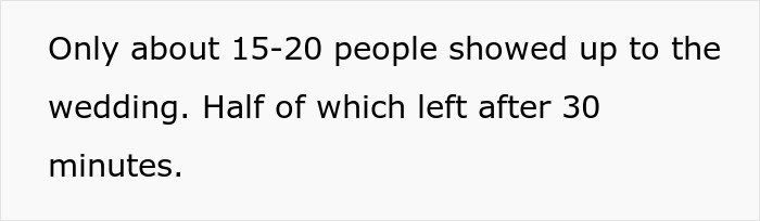 Only 15-20 people showed up to the wedding; half of them left after 30 minutes. Only 15-20 people showed up to the wedding; half of them left after 30 minutes.