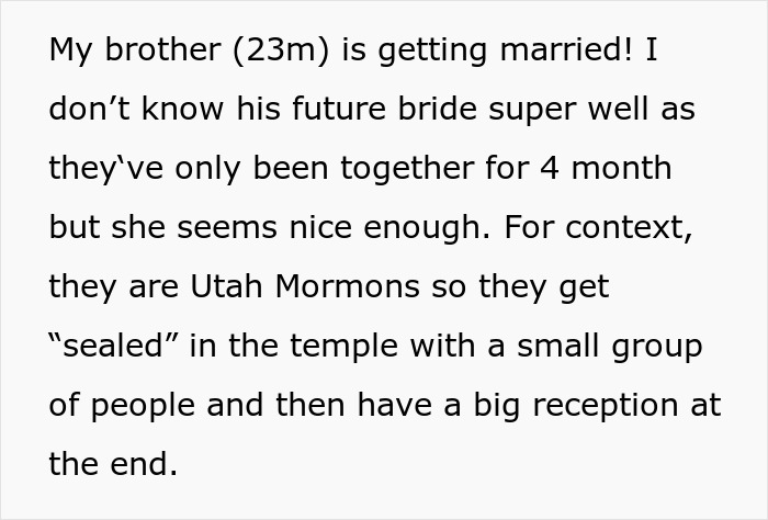 Text explaining a brother's wedding and the bride's decision regarding bridesmaid dresses and weight. Text explaining a brother's wedding and the bride's decision regarding bridesmaid dresses and weight.