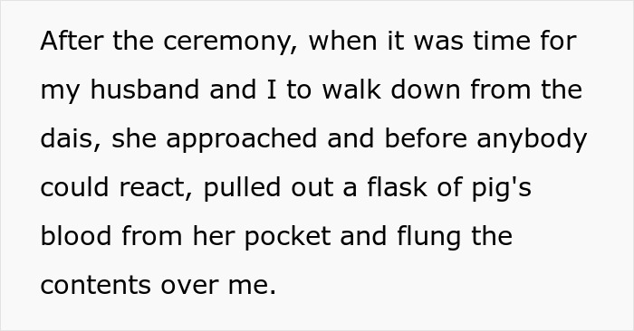Text describing MIL throwing a flask of pigs blood over the author after the wedding ceremony.