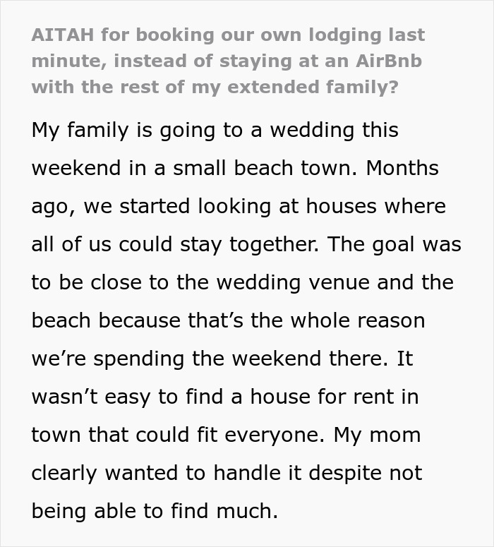 Text snippet explaining the initial desire for family travel plans and the mom's attempt to book lodging.
