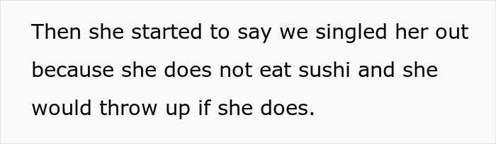 A screenshot of text revealing a picky eater's dramatic reaction to sushi being ordered. A screenshot of text revealing a picky eater's dramatic reaction to sushi being ordered.