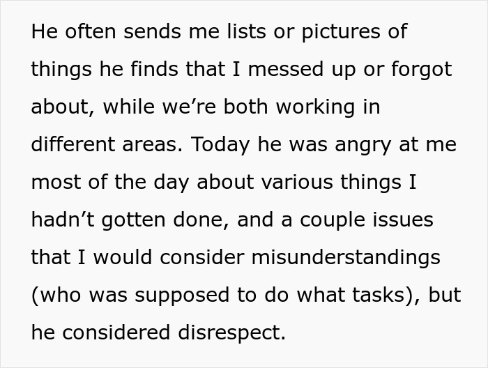 Screenshot of text describing a husband blaming his girlfriend for a missing business sign and other issues. Screenshot of text describing a husband blaming his girlfriend for a missing business sign and other issues.