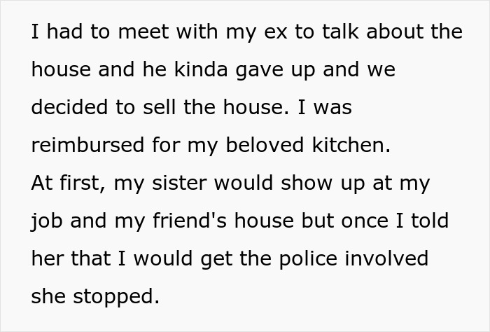 The woman discusses meeting her ex-husband and her sister's harassment after seeing them naked.