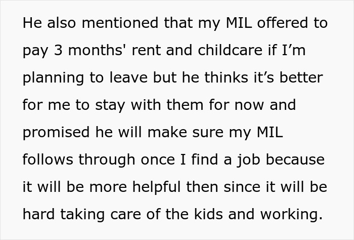 Text snippet about childcare and rent offers, related to the fallout from a husband's violent reaction to the allergic SIL. Text snippet about childcare and rent offers, related to the fallout from a husband's violent reaction to the allergic SIL.