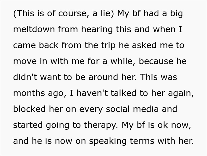 Screenshot of text showing the aftermath of the mom's psycho smear campaign and the couple's decision. Screenshot of text showing the aftermath of the mom's psycho smear campaign and the couple's decision.