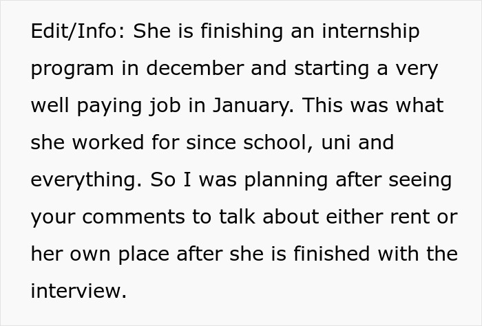 Text about a woman planning to discuss rent or a new place with her nanny after her internship ends and she starts a new job.