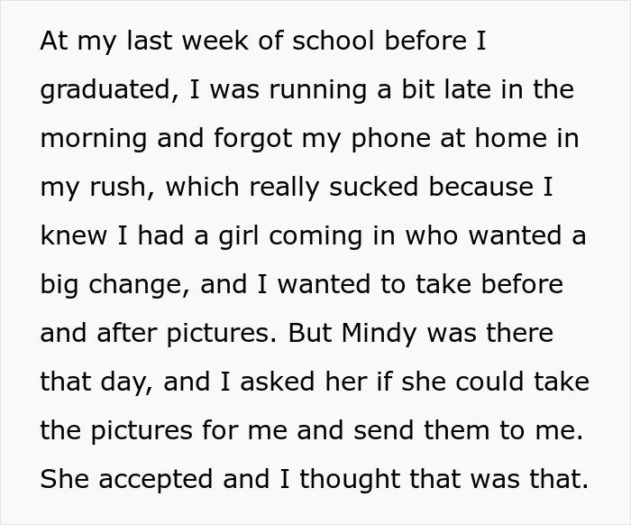 Screenshot of text detailing how a woman trusted her friend to take pictures, setting the scene of being used.