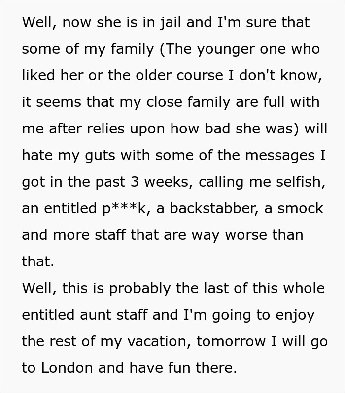 Text snippet discussing the family's reaction to the aunt's actions and the nephew's plan to enjoy his vacation. Text snippet discussing the family's reaction to the aunt's actions and the nephew's plan to enjoy his vacation.