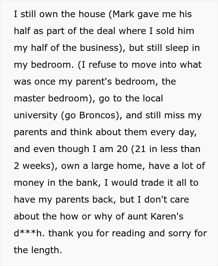 A screenshot from a forum post about an entitled aunt, with text detailing ownership of the home and thoughts on parents. A screenshot from a forum post about an entitled aunt, with text detailing ownership of the home and thoughts on parents.