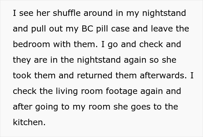 A screenshot of text about a MIL taking and returning BC pills from a nightstand, likely wanting her DIL to have grandbabies.