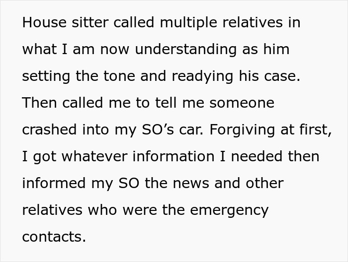 Screenshot of text about a house sitter calling relatives after crashing a car.