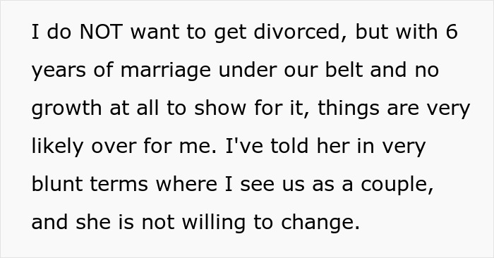 A man with cancer does not want to get divorced but his postpartum wife expects him to slog and is unwilling to change.