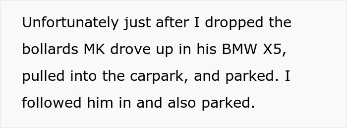 Text describing a BMW X5 parking after bollards were lowered, a key event in a parking war.