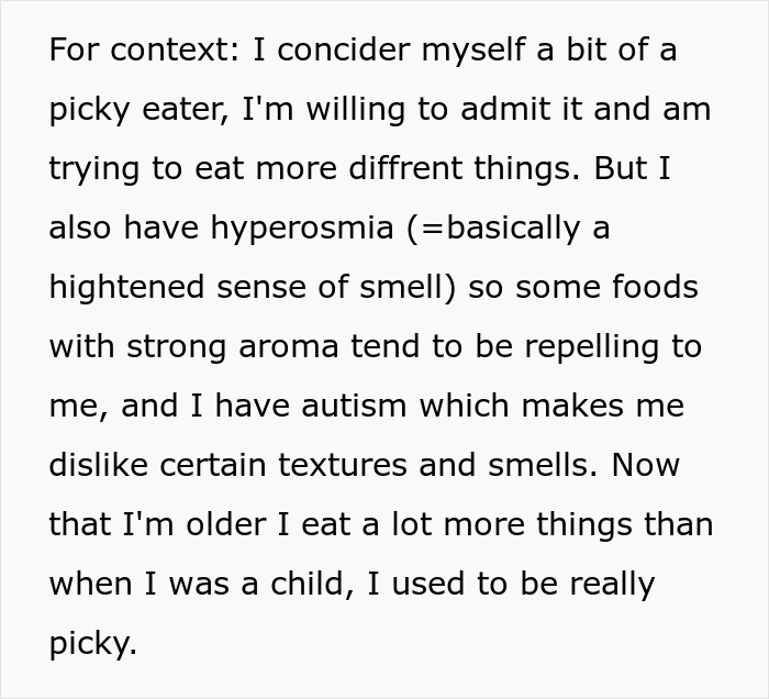 Screenshot of text: Teen shows friend what happens when forced to eat, explaining hyperosmia and autism affecting food preferences. Screenshot of text: Teen shows friend what happens when forced to eat, explaining hyperosmia and autism affecting food preferences.