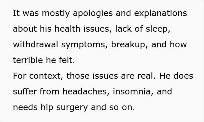Text describing the groom's friend's emotional messages, health, and withdrawal issues that caused him to miss the wedding. Text describing the groom's friend's emotional messages, health, and withdrawal issues that caused him to miss the wedding.