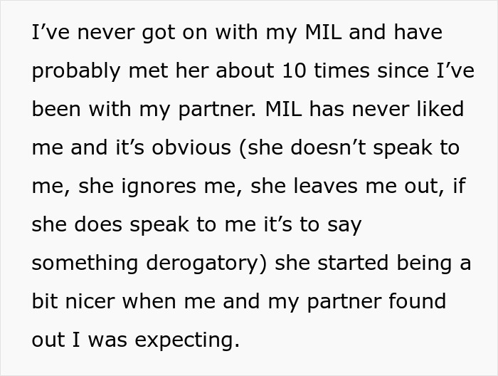 Screenshot of text discussing a new mom's negative relationship with her MIL, who dislikes her. Screenshot of text discussing a new mom's negative relationship with her MIL, who dislikes her.