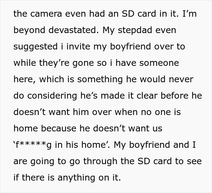 Text snippet: Step-dad put a spy camera with an SD card in room, devastating discovery. Text snippet: Step-dad put a spy camera with an SD card in room, devastating discovery.