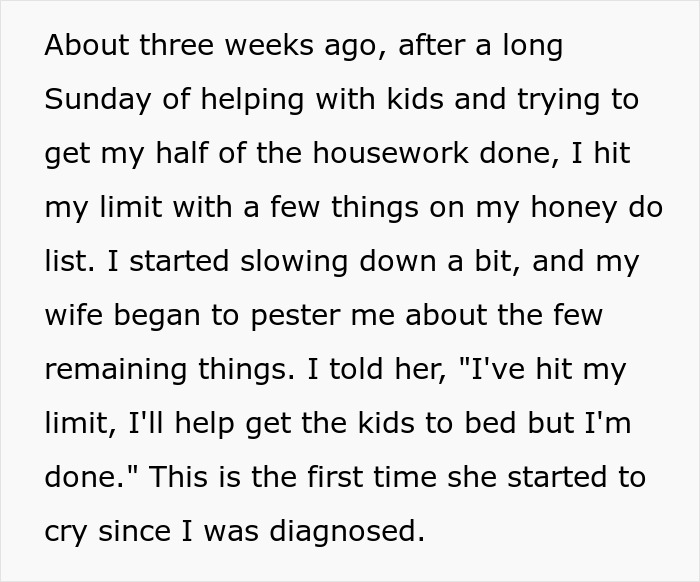Man horrified as his cancer diagnosis has no effect on his postpartum wife who still expects him to slog at home.