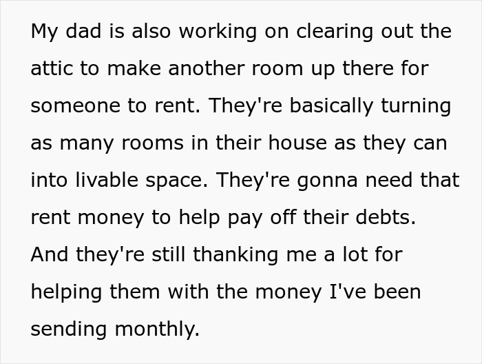 Text explaining parents making extra rooms for rent, showing the entitled man lost more than he bargained for.