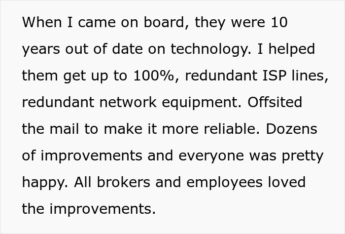 An IT Guy modernizes technology, improving ISP lines, network equipment, and mail reliability. An IT Guy modernizes technology, improving ISP lines, network equipment, and mail reliability.