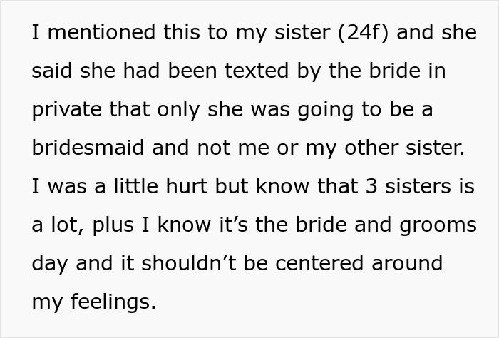 Text discussing a sister being chosen as a bridesmaid, while others received rejection letters based on weight. Text discussing a sister being chosen as a bridesmaid, while others received rejection letters based on weight.