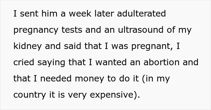 Screenshot of text detailing the gf's fake abortion plan after finding out about the bf secretly dating another woman. Screenshot of text detailing the gf's fake abortion plan after finding out about the bf secretly dating another woman.