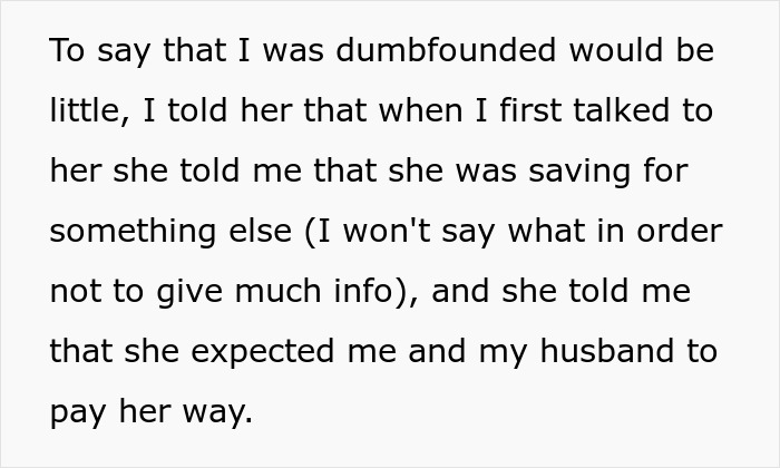 Text revealing the woman's surprise when a family member expected a paid trip on the family vacation with the nanny.